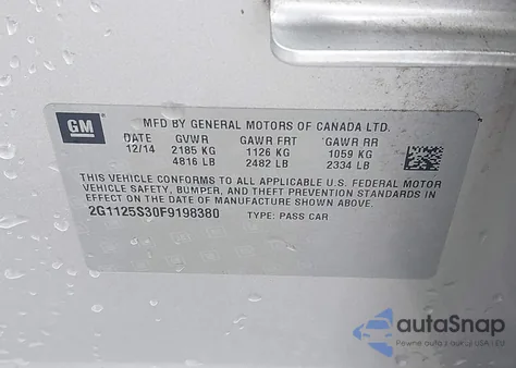 2015 Chevrolet Impala 2Lt из США, поврежденный, VIN 2G1125S30F9198380